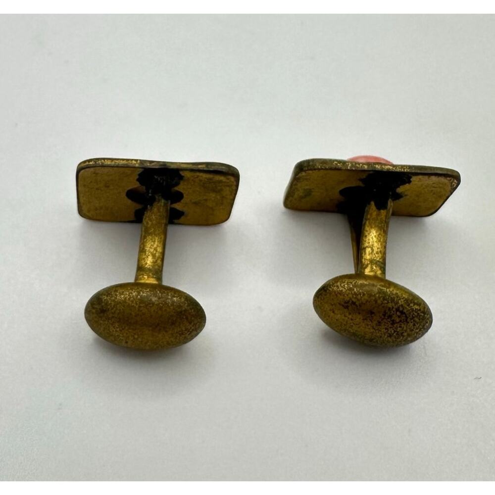 Antique Victorian Arts & Crafts gold tone peach art glass bean back cufflinks - Picture 7 of 8